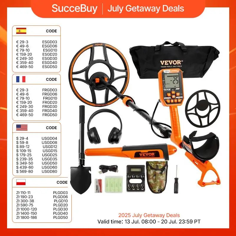 SucceBuy Professional Rechargeable Metal Detector 12" IP68 Waterproof Coil 39-50 in Adjustable with LCD 7Modes for Hunting