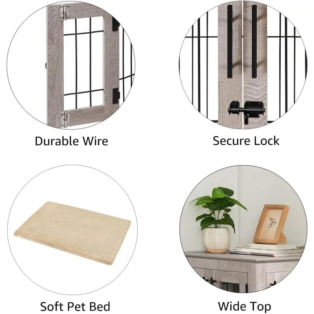 Double Door Wooden and Wire Dog Crate with Built-in Pet Bed and Decorative End Table Style
