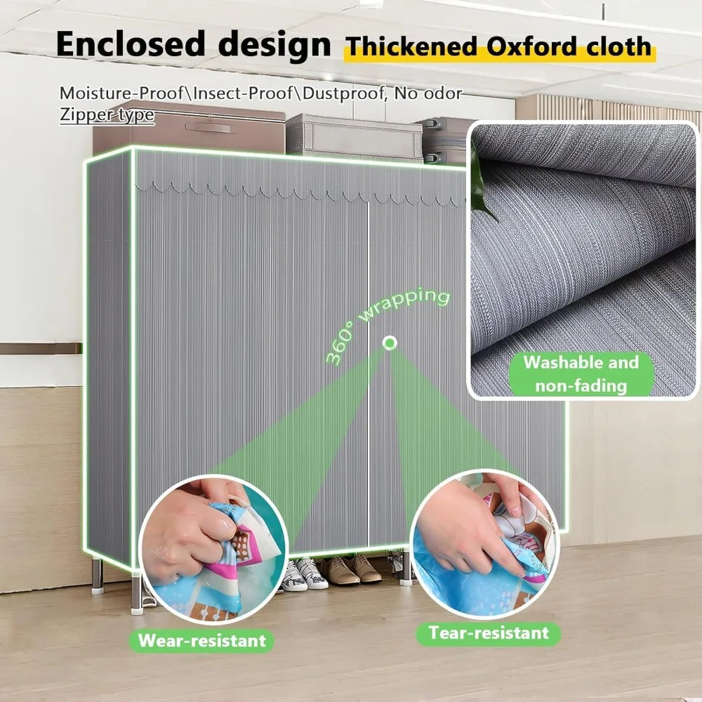 Portable Closet Closet Wardrobe, Wardrobe Rack with Cover, Gray Stripes, Storage Closet for Hanging Clothes, Equipped with Alloy