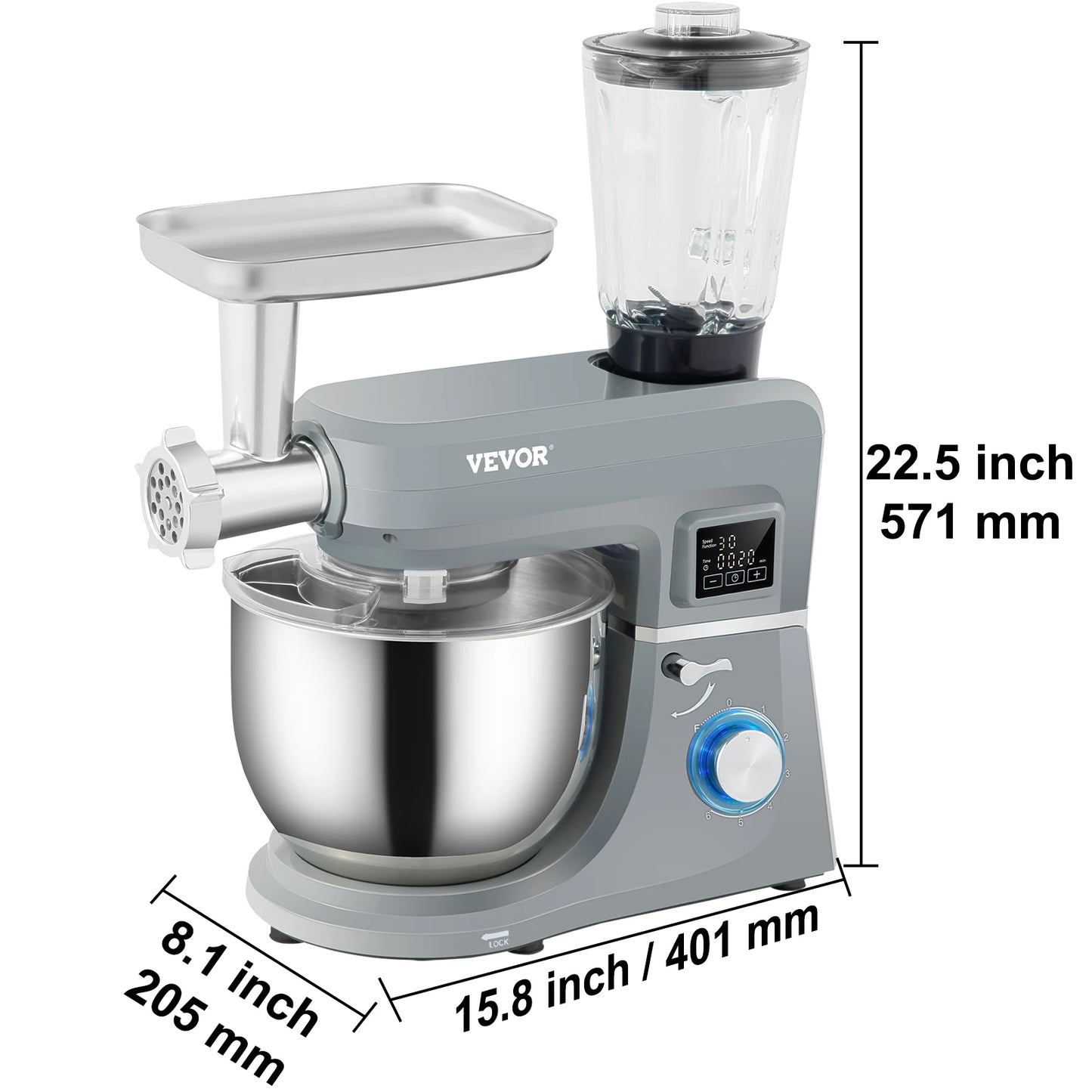 VEVOR 5 IN 1 Stand Mixer Tilt-Head Multifunctional Electric Mixer w/ 6 Speeds LCD Screen Timing 7.4 Qt Stainless Bowl Dough Hook