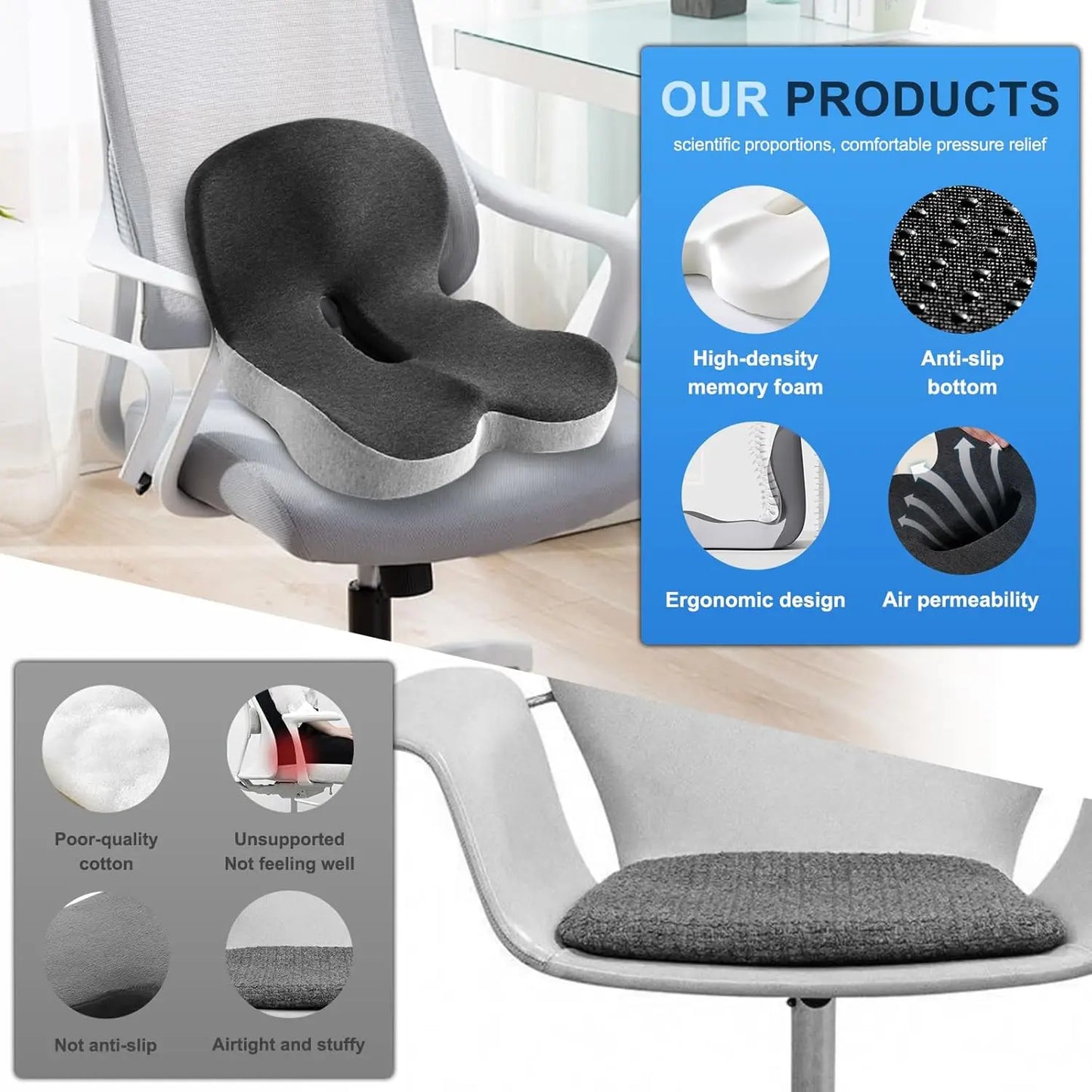 Memory Foam One-piece Seat Cushion Backrest One-piece Cushion Pillow Buttocks Cushions Office Chair Cushion with Backrest