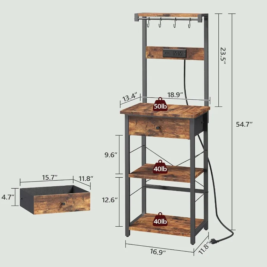 Bakers Rack with Drawer Microwave Stand with Power Outlet Coffee Bar Station with 4 Hooks Kitchen Storage Shelf Rack 4 Tiers fo