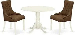 DLFR3-MAH-05 3 Piece Dinette Set for Small Spaces Contains a Round Dining Table with Dropleaf and 2 Doeskin Linen Fabric Uphols
