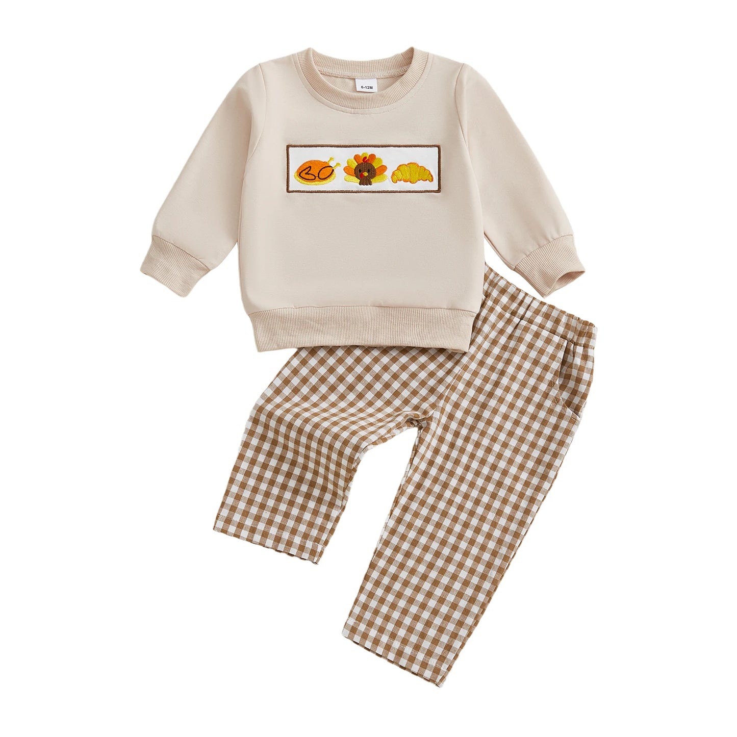 Baby Thanksgiving Outfit Turkey Print Long Sleeve Top and Plaid Pants Set with Elastic Waistband for Toddler Girls