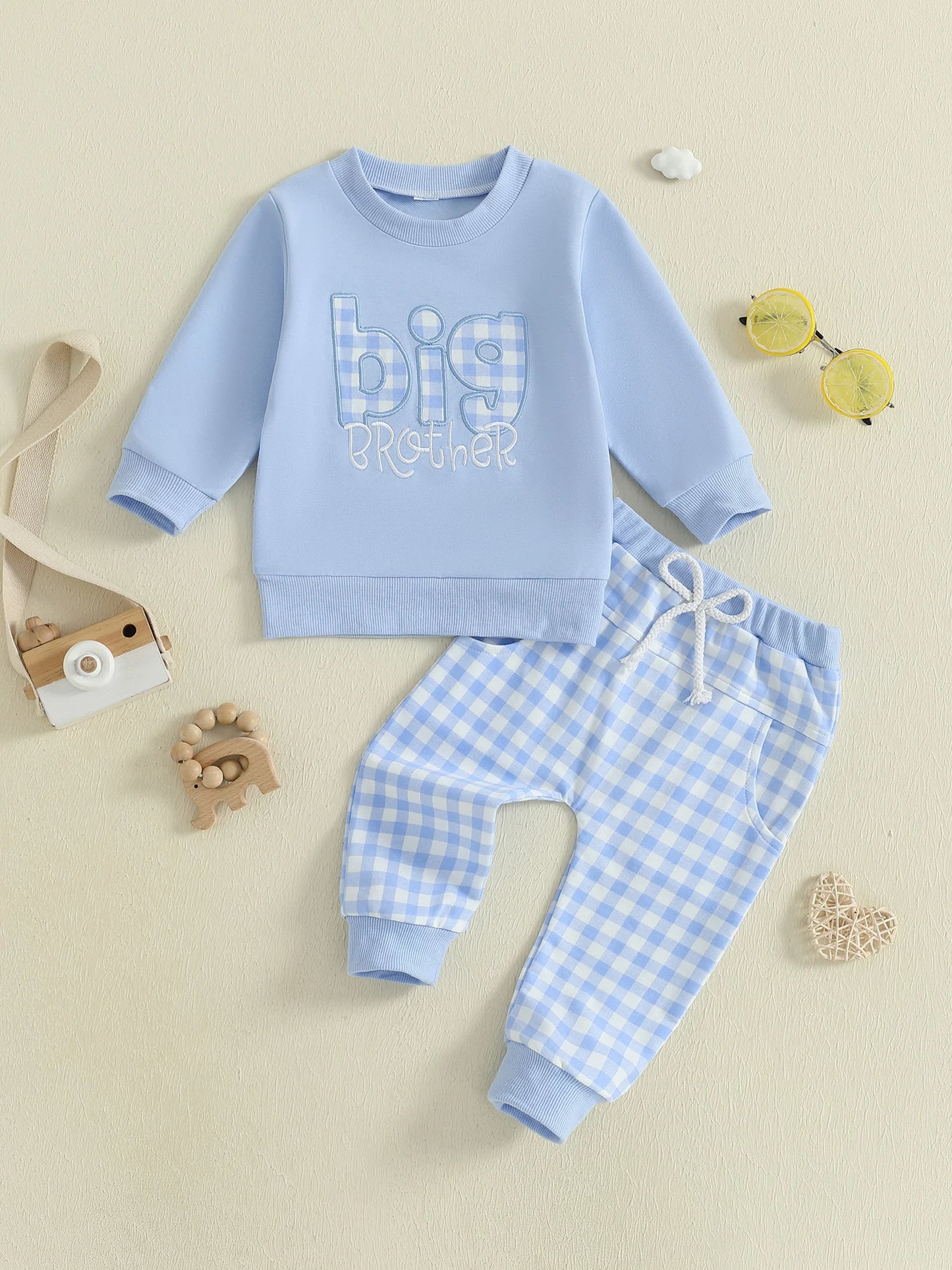 Toddler Boy Autumn Outfit with Letter Embroidery Sweatshirt and Plaid Pants Set for Baby Boys Long Sleeve Elastic Clothes