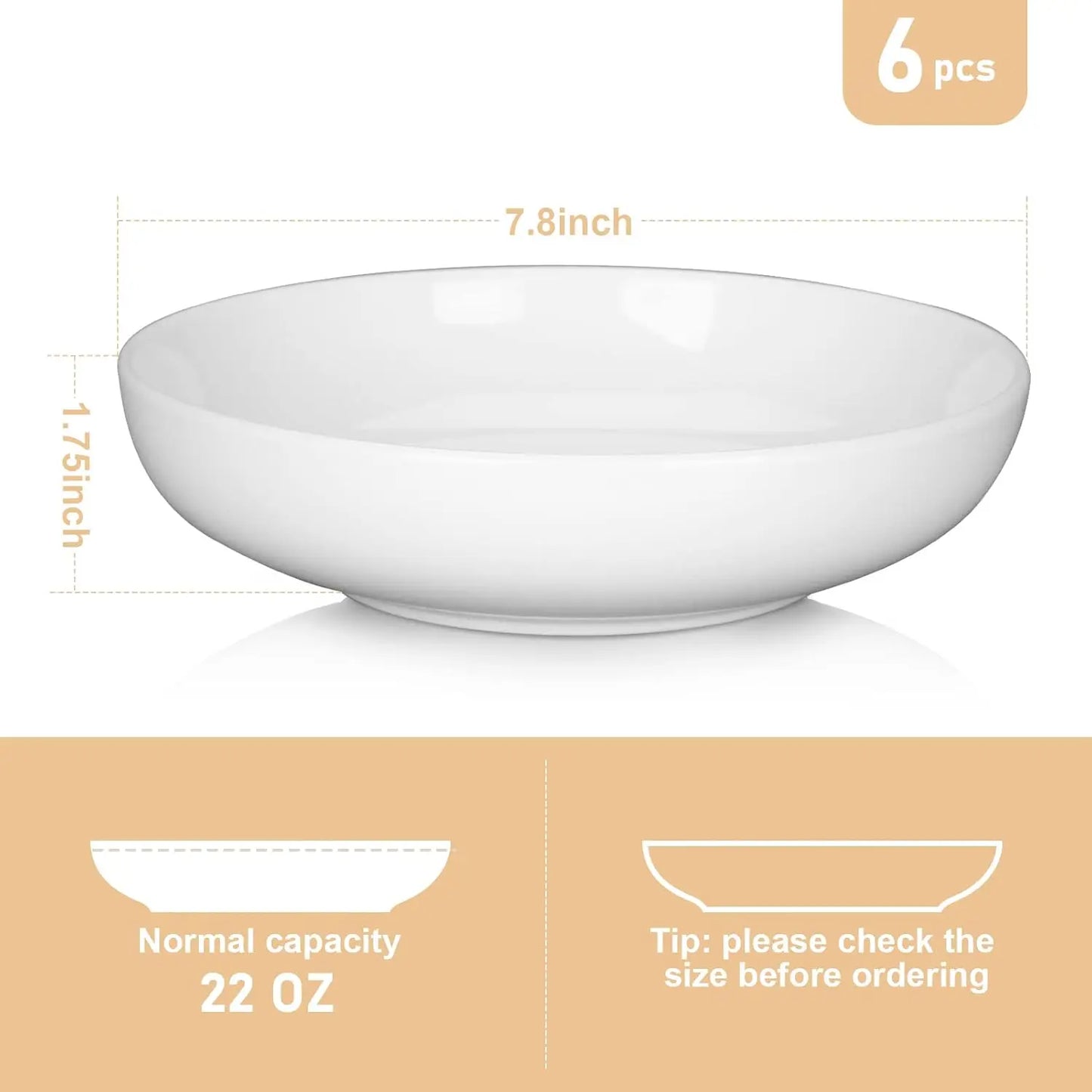 22 Ounce Porcelain Pasta Bowls Set 6 Pack Premium Ceramic Large Capacity Plates for Salad and Soup, Serving Bowl,Dishwasher Safe