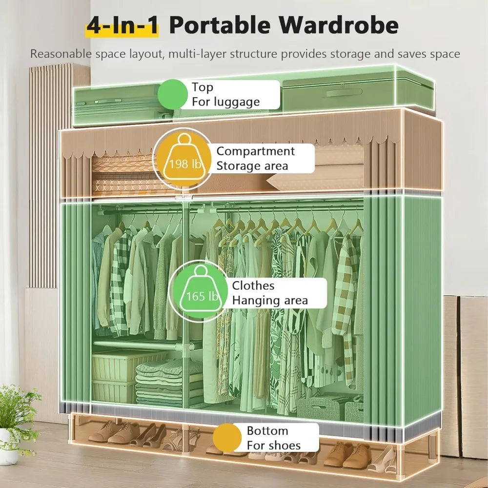 Portable Closet Closet Wardrobe, Wardrobe Rack with Cover, Gray Stripes, Storage Closet for Hanging Clothes, Equipped with Alloy