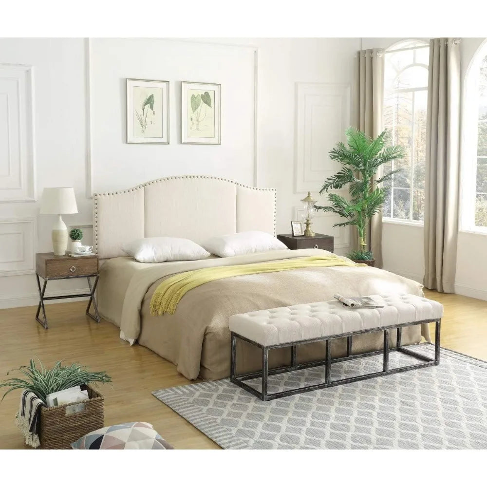 King Size Linen Upholstered Tufted Headboard with Antique Brass Nail Head Trim for King/California King Beds