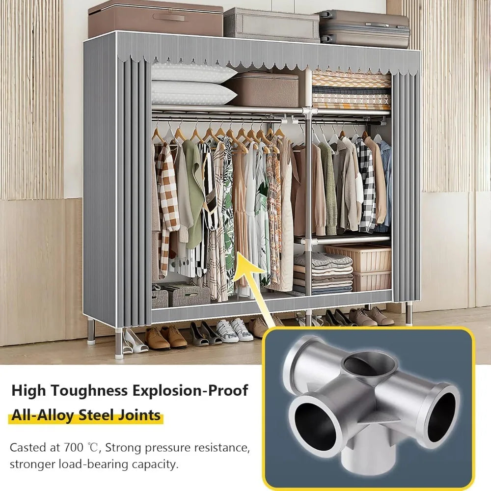 Portable Closet Closet Wardrobe, Wardrobe Rack with Cover, Gray Stripes, Storage Closet for Hanging Clothes, Equipped with Alloy