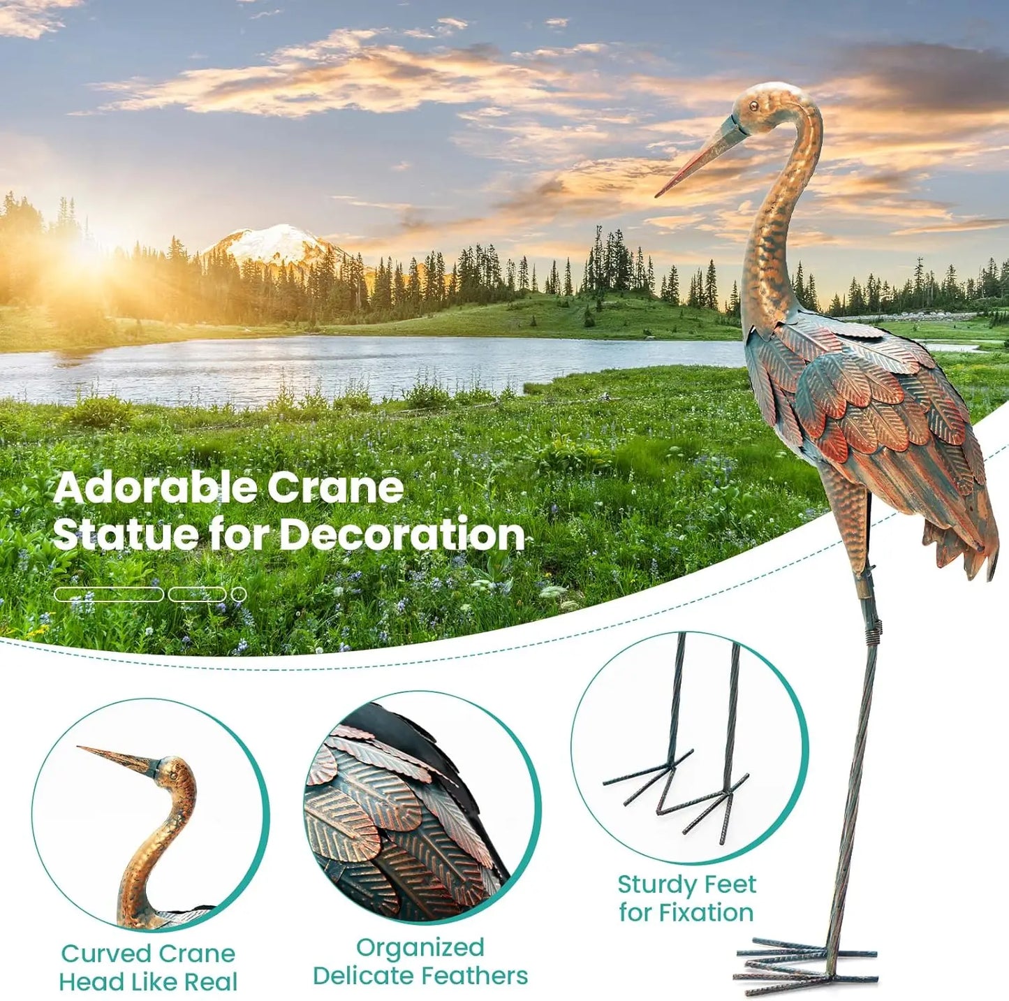 Crane Garden Statues Set of 2,Standing Metal Crane Sculptures Bird Ornament Yard Decorations for Lawn Backyard Patio Outdoor