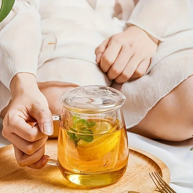 4pcs, 450ml/15.2oz glass cup, tea set with lid and filter, durable, easy to clean, suitable for home and office tea brewing