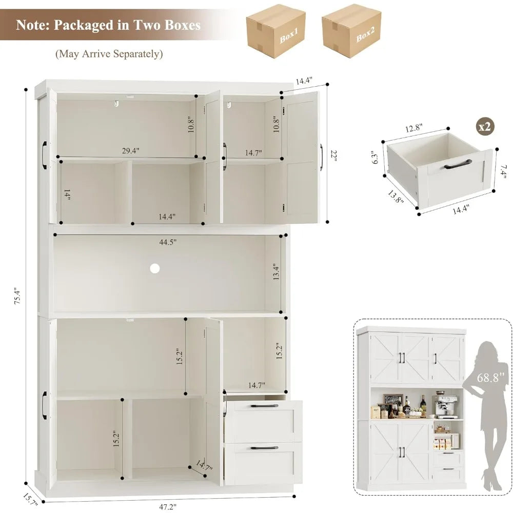 76" Tall Kitchen Pantry Storage Cabinet, Farmhouse Kitchen Hutch Cabinet with Microwave Stand, 47" Wide Food Pantry with Drawer