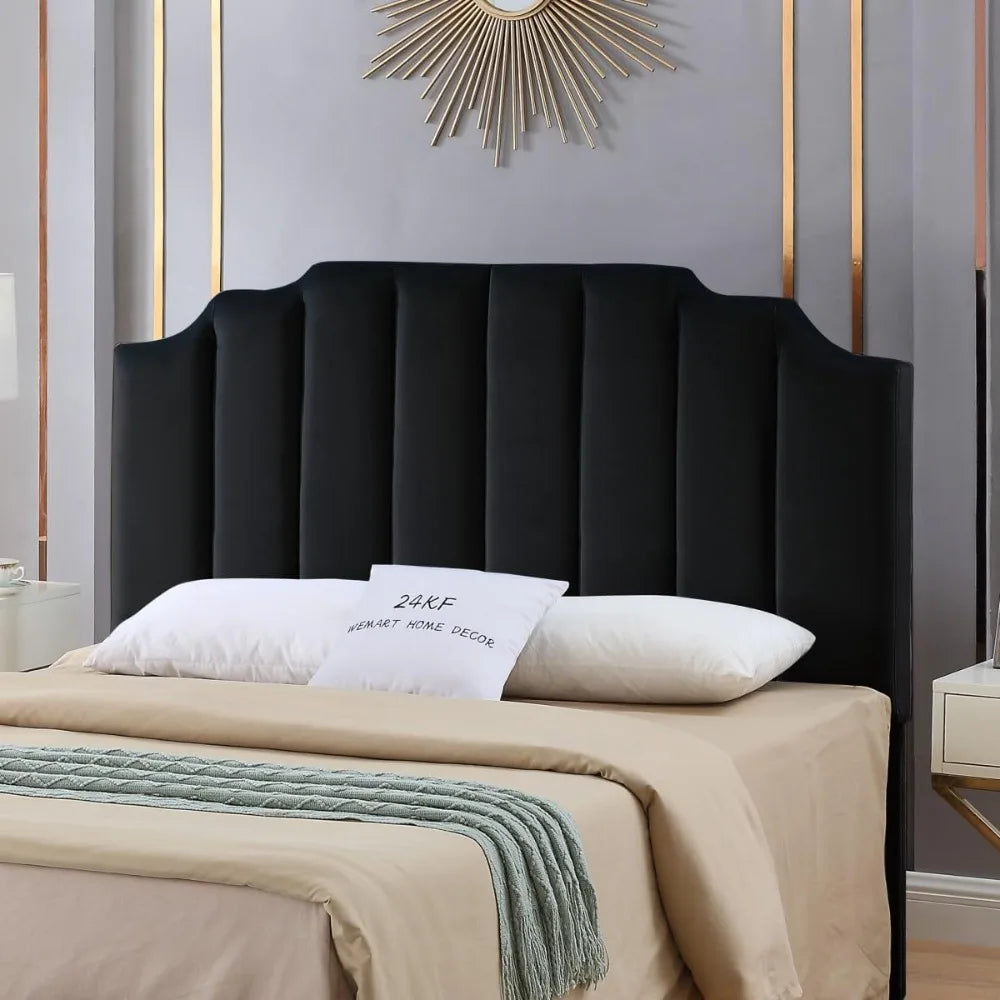 Black Velvet Tufted Queen Upholstered Headboard, Modern Vertical Channel Design California Queen/Full Headboard with Steppe