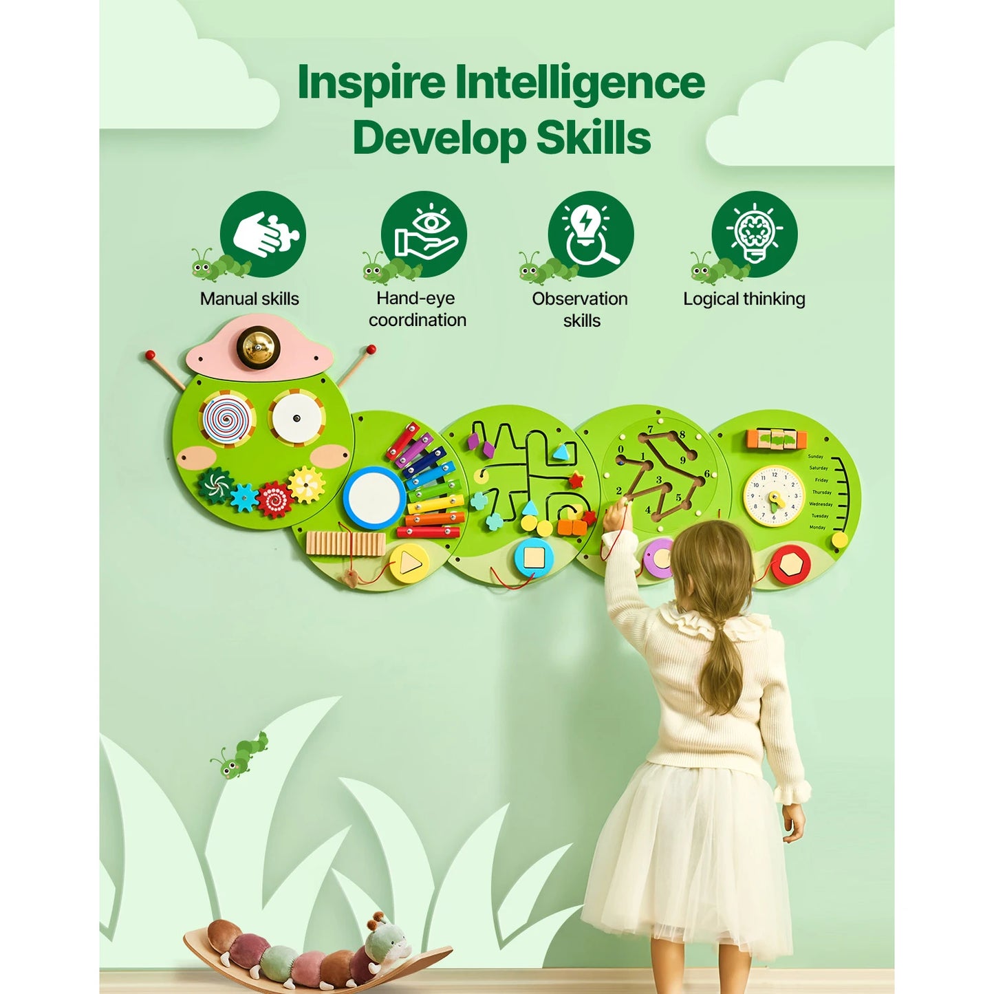 SucceBuy Caterpillar Children Wall Busy Board 12 Activities Montessori Sensory Learning Center for Kids 3-12 Years Playroom Toys