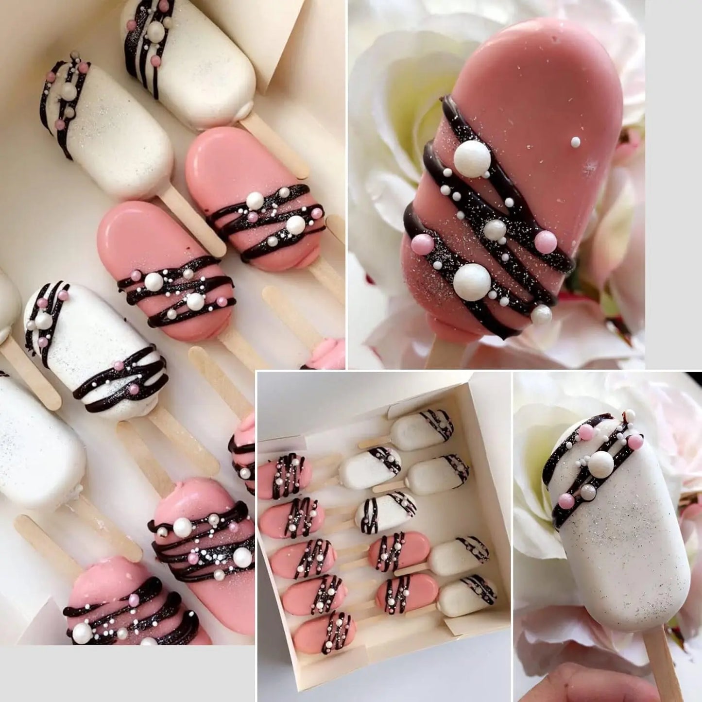2-Pack White Silicone Popsicle Molds, 4-Cav Oval. Includes 50 sticks for cake pops, ice cream.