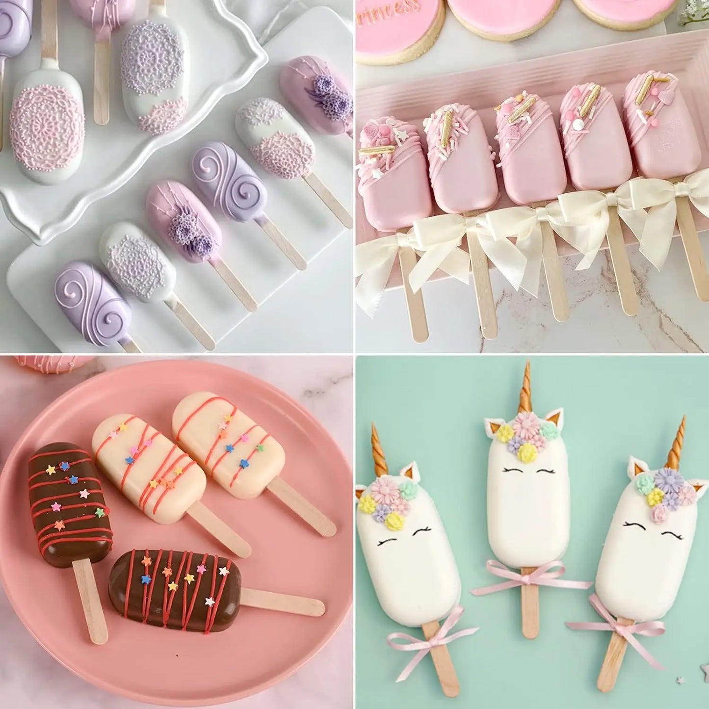 2-Pack White Silicone Popsicle Molds, 4-Cav Oval. Includes 50 sticks for cake pops, ice cream.