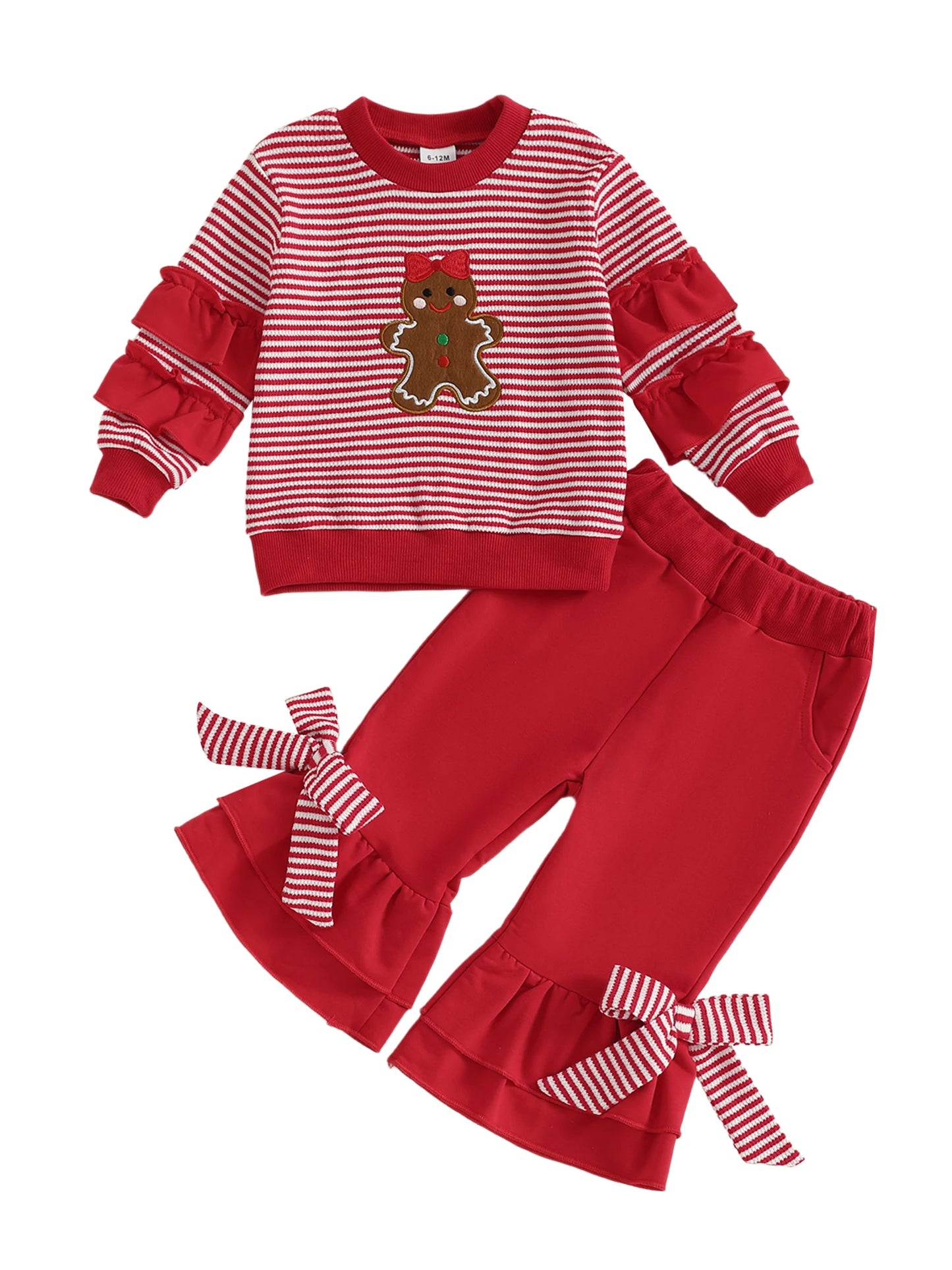 Toddler Girl Christmas Outfits Reindeer Print Long Sleeve Round Neck Pullover Elastic Waist Bow Flare Pants 2 Pcs Set -