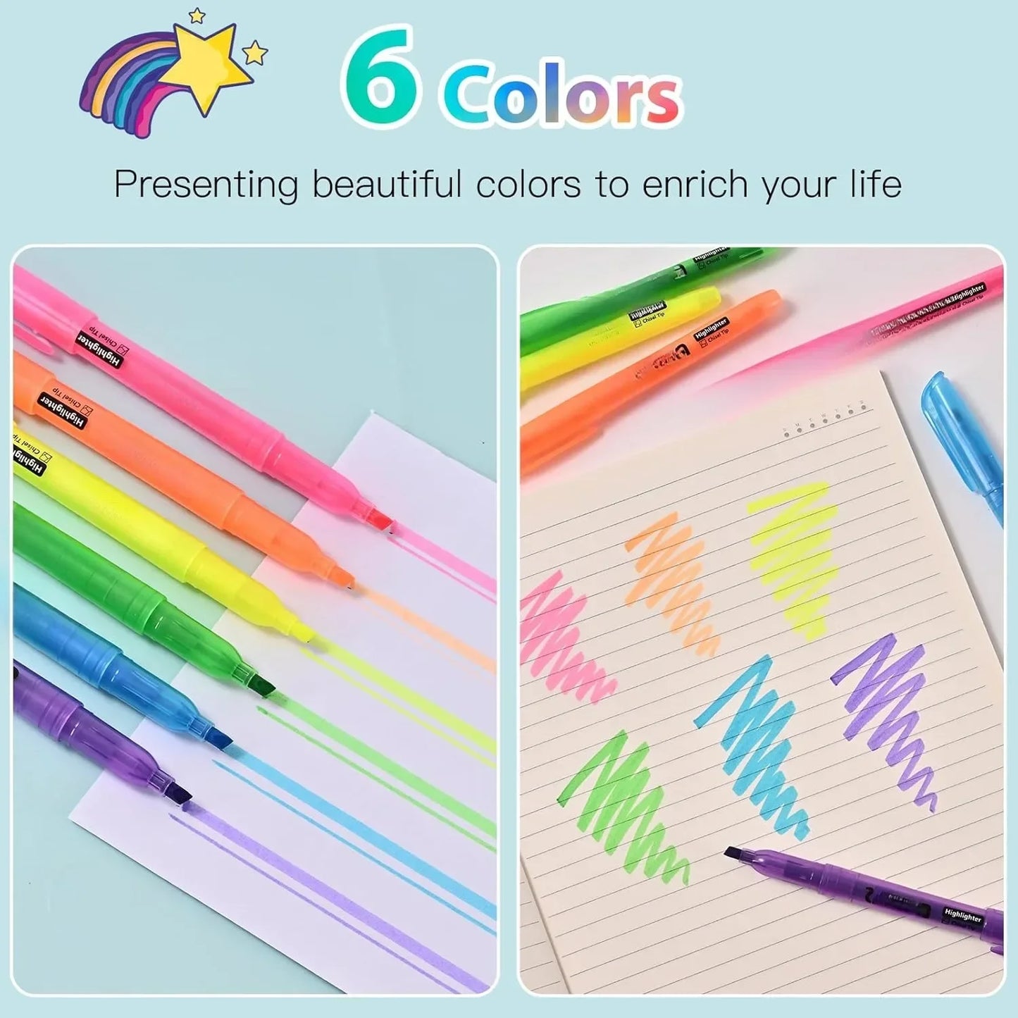 Highlighters, 100 packs of stylish and bright colored highlighters, 6 color highlighters in bulk, quick dry highlighters