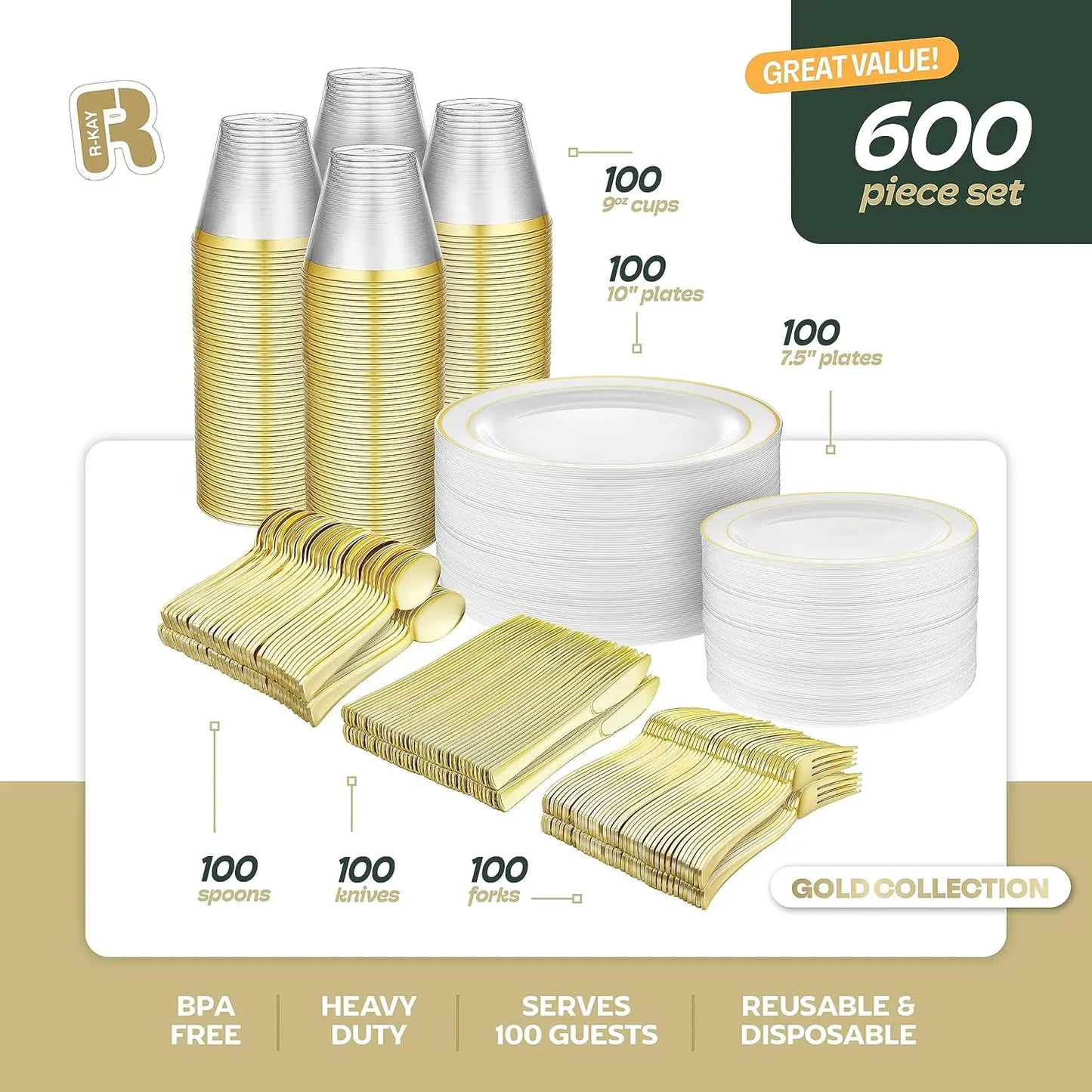 600pcs Plastic Dinnerware Set 100 Guest, Gold Plastic plates for party, Gold Party Plates Sets For 100 Guests