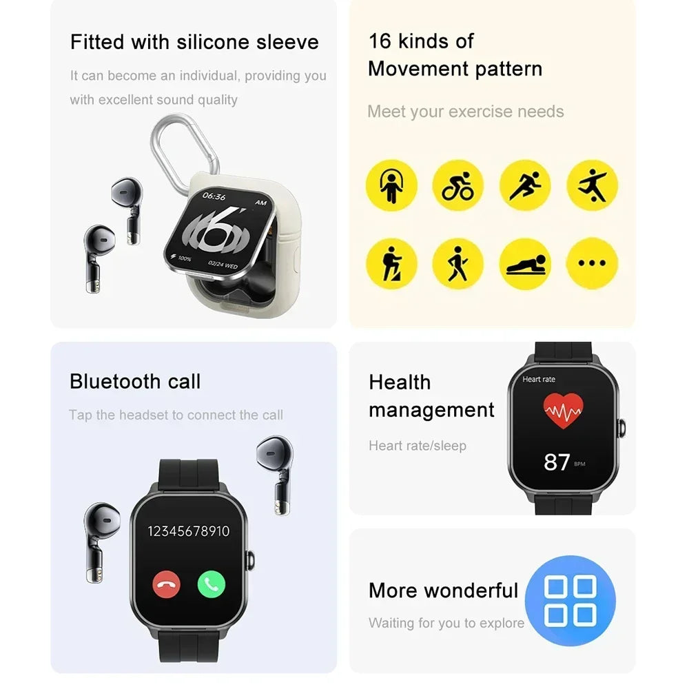 New 2-In-1 Smart Watch With Ear Buds For Men 2 Inch NFC Wireless Call Fitness Music Control For Huawei Smartphone