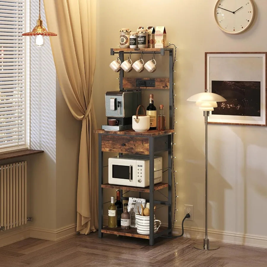 Bakers Rack with Drawer Microwave Stand with Power Outlet Coffee Bar Station with 4 Hooks Kitchen Storage Shelf Rack 4 Tiers fo