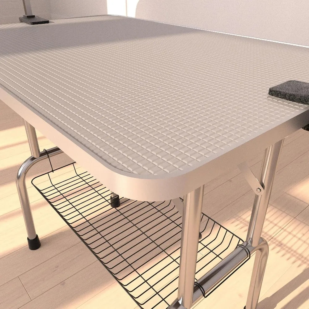 46" Dog Grooming Table Foldable Pet Grooming Tables with Adjustable Arm Noose Storage Mesh Tray Maximum Capacity Up to 330lbs