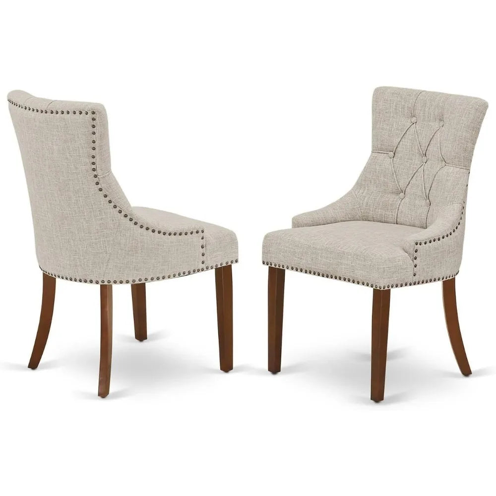 DLFR3-MAH-05 3 Piece Dinette Set for Small Spaces Contains a Round Dining Table with Dropleaf and 2 Doeskin Linen Fabric Uphols