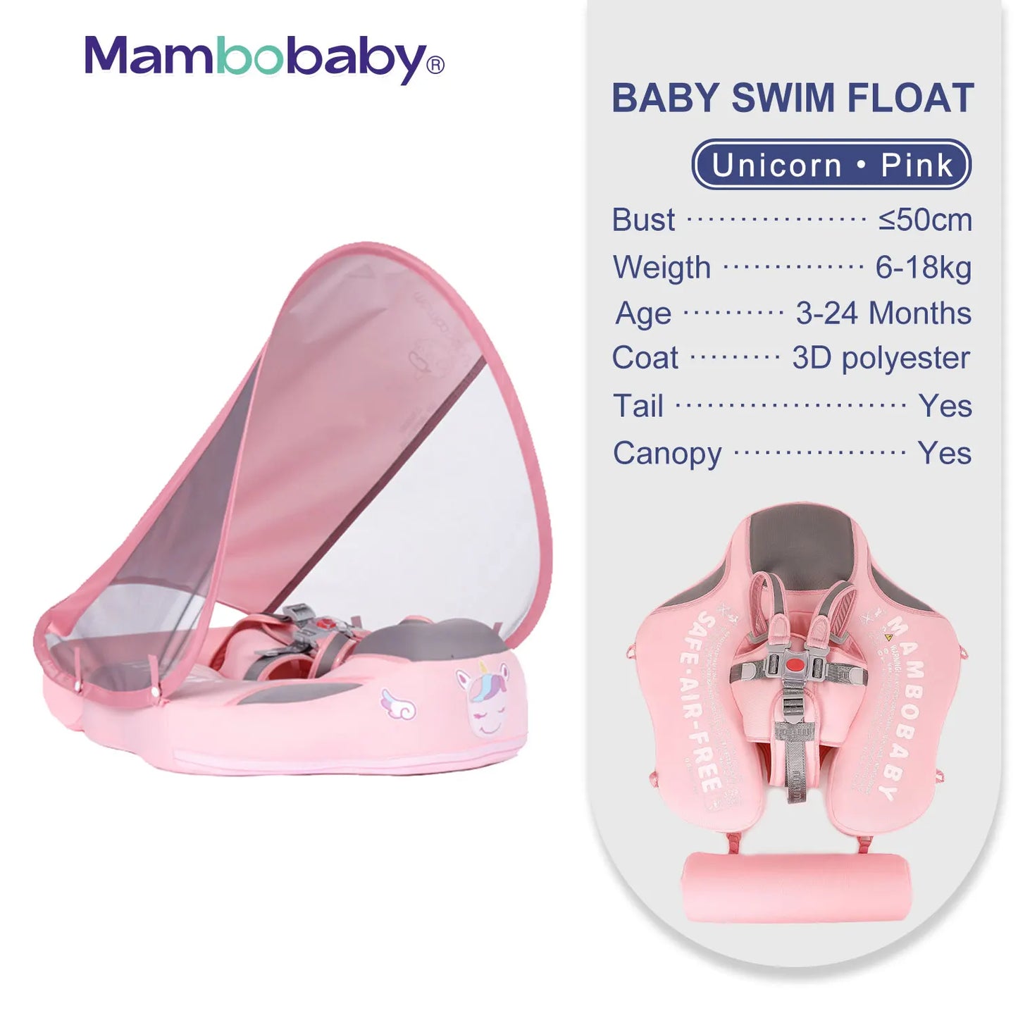 Mambobaby Baby Float with Sunshade Canopy and Crotch Strap Inflatable-free Safe Core Swimming Pool Accessory Bathroom Water Toy