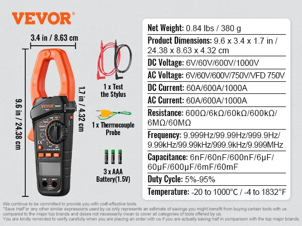 VEVOR Digital Clamp Meter T-RMS 600A/1000A Clamp Multimeter Tester AC/DC Current & Voltage Resistance W/NCV for Home Appliance