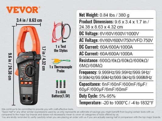 VEVOR Digital Clamp Meter T-RMS 600A/1000A Clamp Multimeter Tester AC/DC Current & Voltage Resistance W/NCV for Home Appliance
