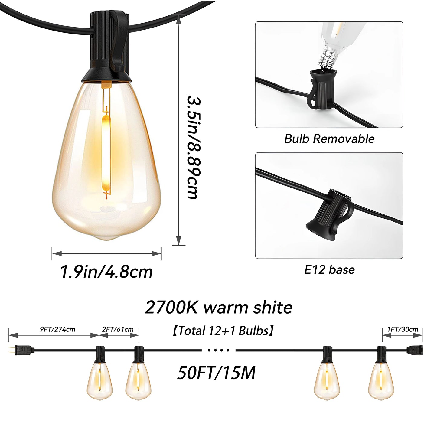 St38 Solar String Lights, 50 Feet Solar Outdoor String Lights, 2700K Warm White Hanging Lights, Weather-Resistant Materials, 12+1 Shatterproof Bulbs, E12 Sockets for Outdoor Courtyards, Backyard, Porch