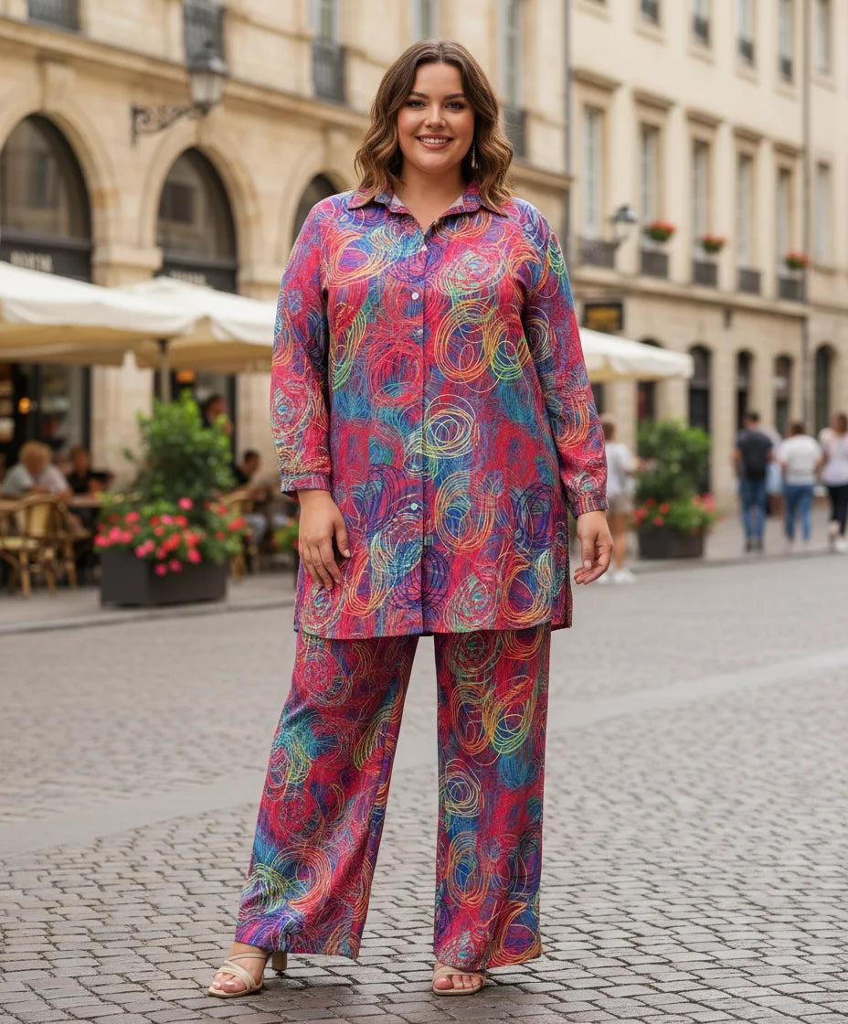 Women's Large Size Fashion Color Printed Set Wide Leg Pants