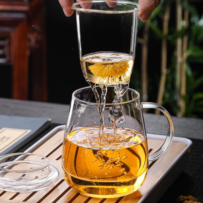 4pcs, 450ml/15.2oz glass cup, tea set with lid and filter, durable, easy to clean, suitable for home and office tea brewing