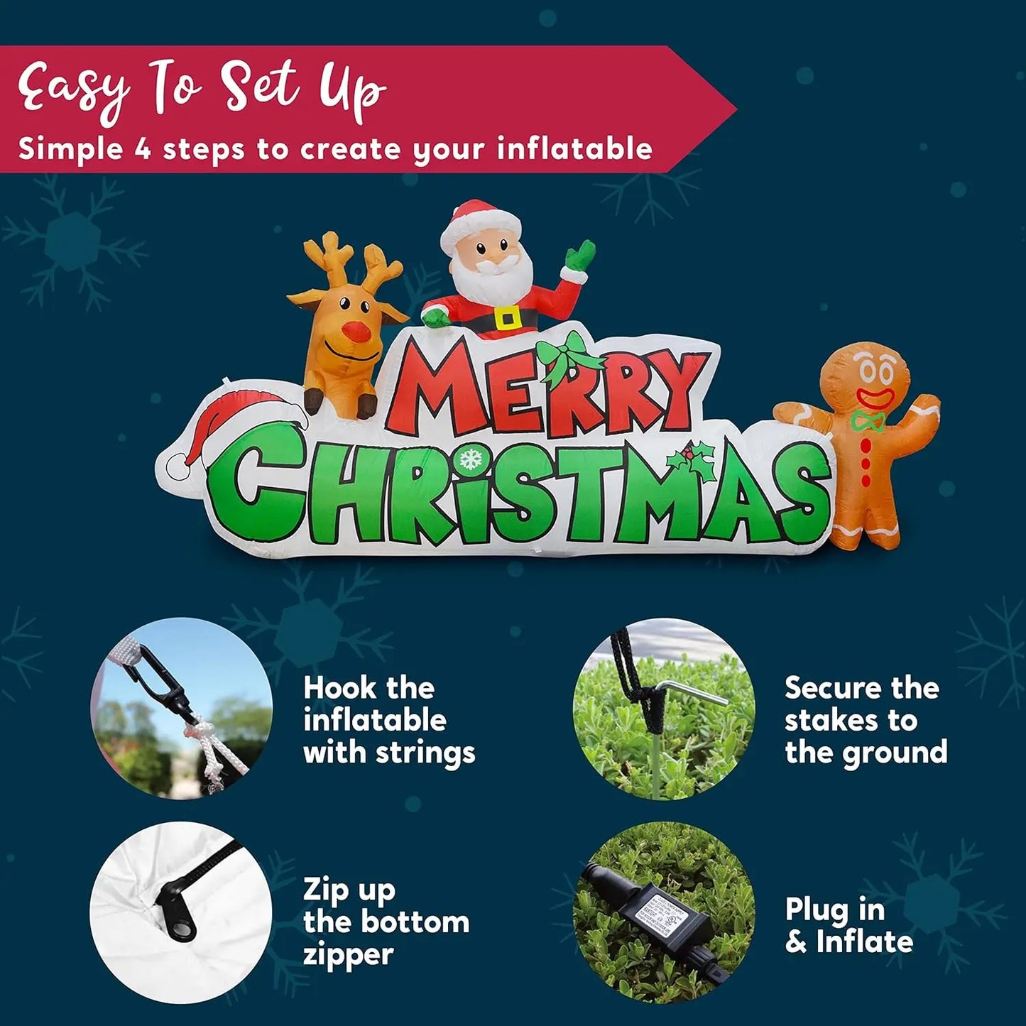 JOYFY 9.5 FT Christmas Inflatable Merry Christmas Sign with Santa Reindeer & Gingerman for Outdoor Yard Decor