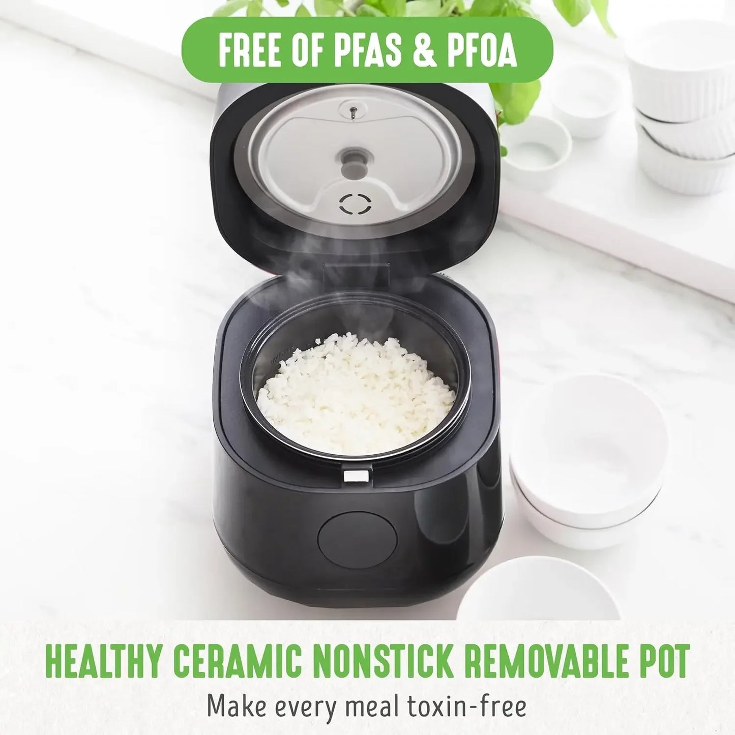 Digital Rice Cooker, 2 Cups Uncooked/4 Cooked Rice, PFAS & PFOA-Free Removable Ceramic Dishwasher Safe Pot, Healthy Cooking, Aut