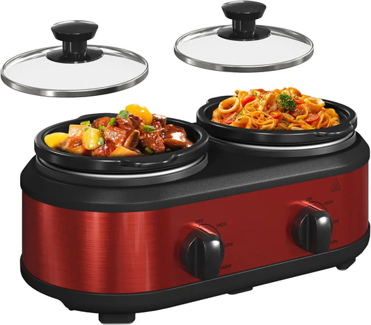 Double Slow Cooker, Buffet Servers and Warmers, Dual 2 Pot Slow Cooker Food Warmer, Adjustable Temp Dishwasher Safe Removable Ce