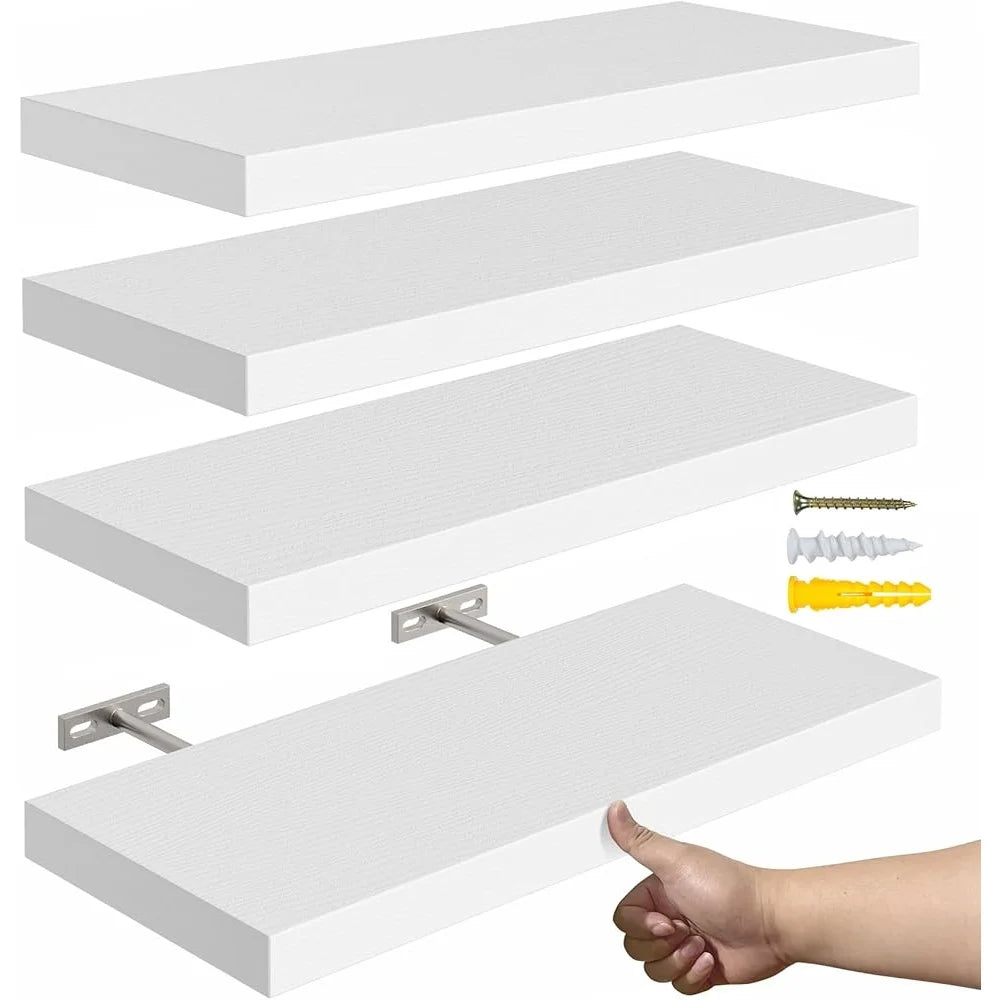 Floating Wall Shelves Set of 4 Rustic MDF Storage Shelving Easy Installation Space Saving Bedroom Kitchen Living Room