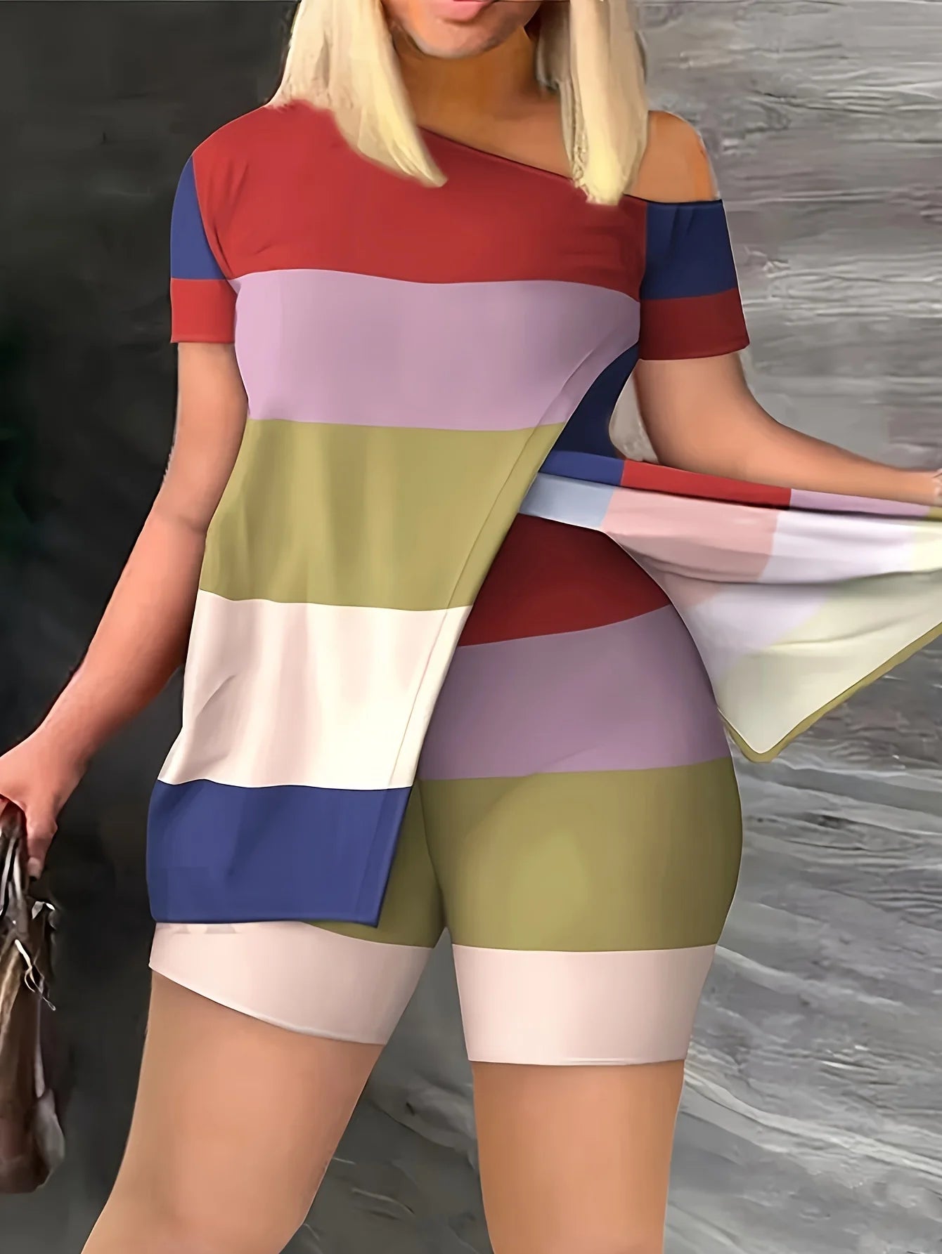 Fashion Striped Color Blocked Printed Split Top and Shorts Set