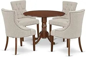 DLFR3-MAH-05 3 Piece Dinette Set for Small Spaces Contains a Round Dining Table with Dropleaf and 2 Doeskin Linen Fabric Uphols