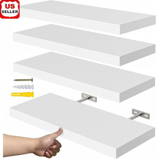 Floating Wall Shelves Set of 4 Rustic MDF Storage Shelving Easy Installation Space Saving Bedroom Kitchen Living Room