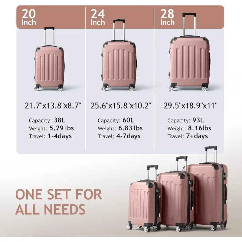 3-Piece Luggage Set Travel Lightweight Suitcases with Rolling Wheels, TSA lock & Moulded Corner, Carry on Luggages for