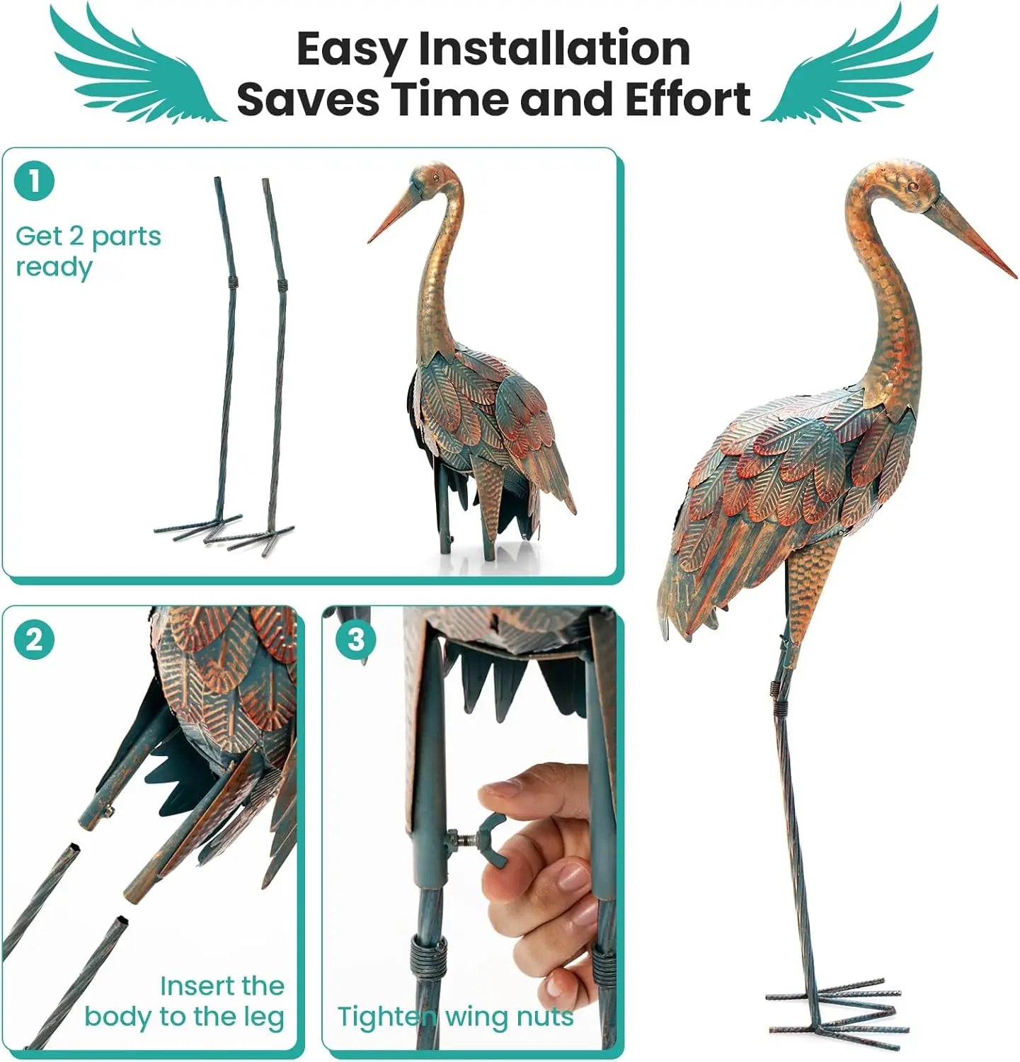 Crane Garden Statues Set of 2,Standing Metal Crane Sculptures Bird Ornament Yard Decorations for Lawn Backyard Patio Outdoor