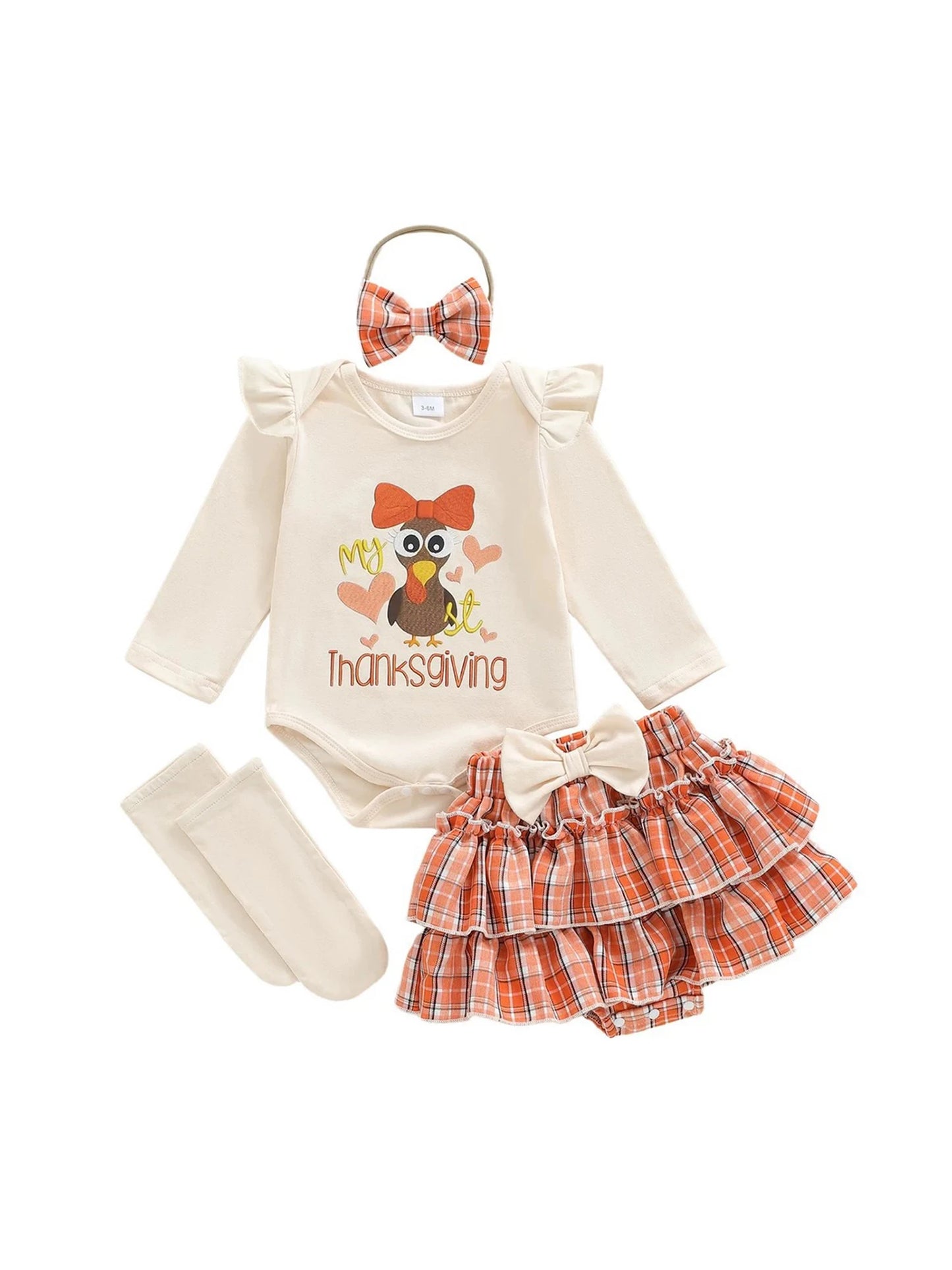 Thanksgiving Baby Girl Outfit Turkey Print Romper with Plaid Layered Mini Skort Stockings and Bow Headband Set - Fall