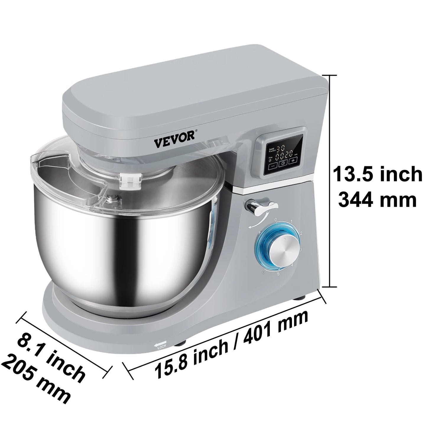 VEVOR 5 IN 1 Stand Mixer Tilt-Head Multifunctional Electric Mixer w/ 6 Speeds LCD Screen Timing 7.4 Qt Stainless Bowl Dough Hook