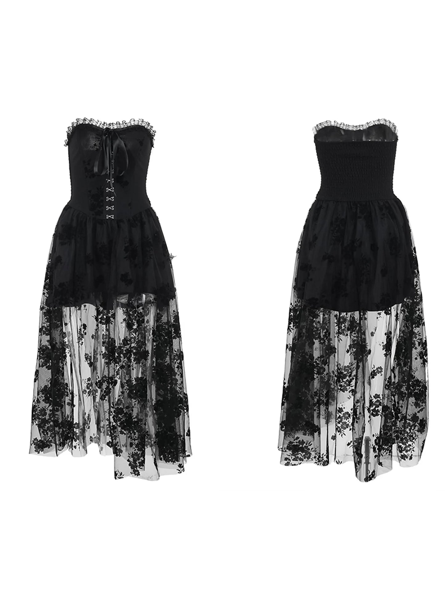 Black Lace Off Shoulder Maxi Dress for Women Vintage Victorian Gothic Embroidered Sleeveless A-Line Gown with Mesh Insets