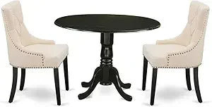DLFR3-MAH-05 3 Piece Dinette Set for Small Spaces Contains a Round Dining Table with Dropleaf and 2 Doeskin Linen Fabric Uphols