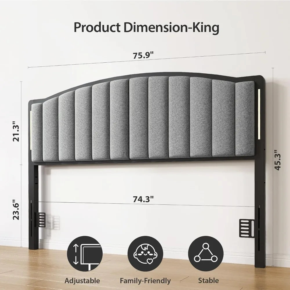 King Size Bed with LED Lights, Upholstered Vertical Channel Tufting Head Boards, Linen Fabric Bed Headboard Only