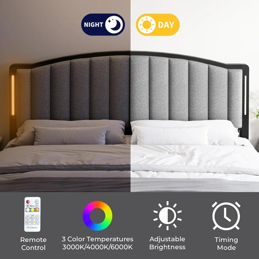 King Size Bed with LED Lights, Upholstered Vertical Channel Tufting Head Boards, Linen Fabric Bed Headboard Only