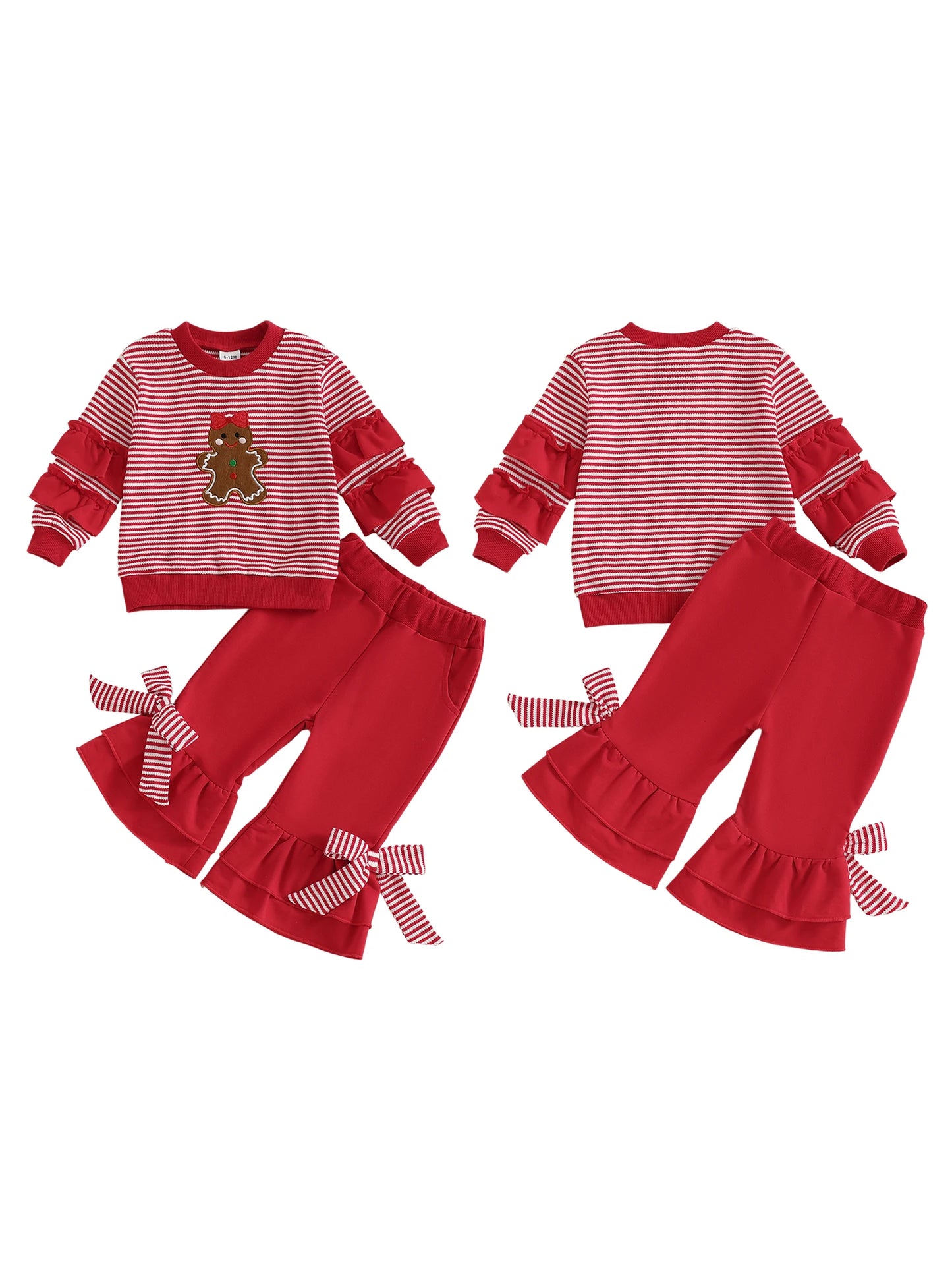 Toddler Girl Christmas Outfits Reindeer Print Long Sleeve Round Neck Pullover Elastic Waist Bow Flare Pants 2 Pcs Set -