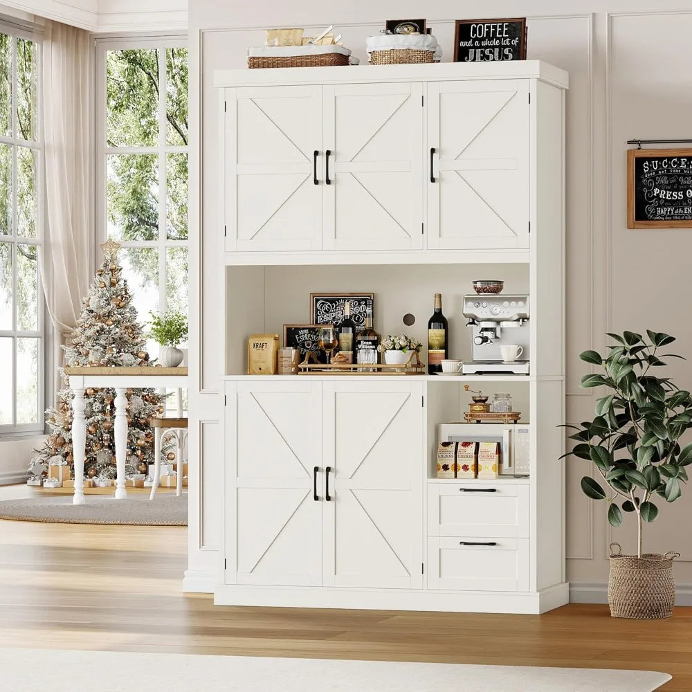 76" Tall Kitchen Pantry Storage Cabinet, Farmhouse Kitchen Hutch Cabinet with Microwave Stand, 47" Wide Food Pantry with Drawer